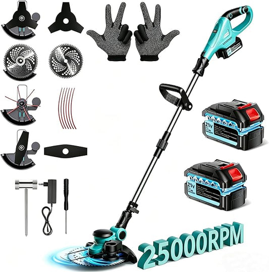 25000 RPM Electric Weed Wacker, 8000mAh Battery, 12″ Brushless Cordless 4-in-1 Brush Cutter/Weed Eater/String Trimmer/Grass Trimmer, Electric String Trimmer 2 Batteries and Charger