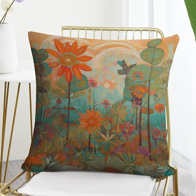Pillowcover Oil Painting Colorful Garden Flowers Cushion Pillow Cover 20"x20" Farmhouse Flower Linen Cushion Case Outdoor Home Decoration Pillow Case Farmhouse Rustic Cushion Case for Sofa Couch
