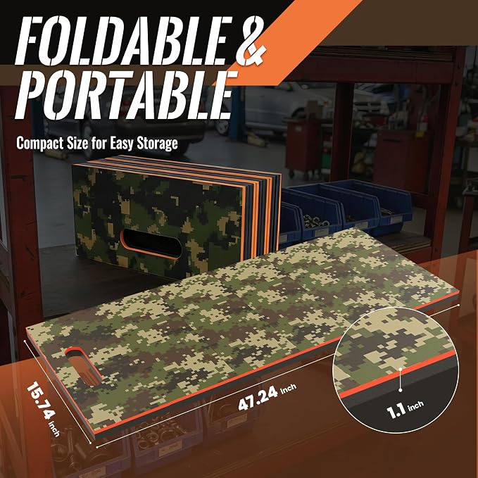 Folding Kneeling Pad, 1 Inch Thick Mechanic Mat, Camouflage | 47.24 x 15.74 Inch 6-Panel Firm Foam Pad with Tool Pockets, Carry Handle and Water-Resistant Surface