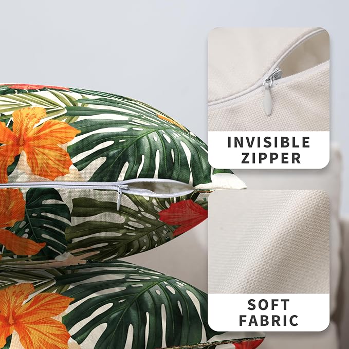 Summer Tropical Pillow Covers 16x16 Hawaiian Hibiscus Flower Throw Pillow Covers Monstera Palm Leaves Decorative Pillow Case Set of 2 for Home Decor Living Room Patio
