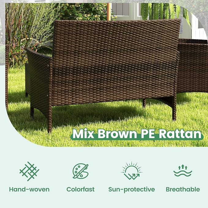ORALNER 4 Pieces Patio Furniture Set, Rattan Chairs Loveseat with Soft Cushion Glass Table, Outdoor Wicker Conversation Set for Balcony Garden Backyard Porch Poolside (Gray)