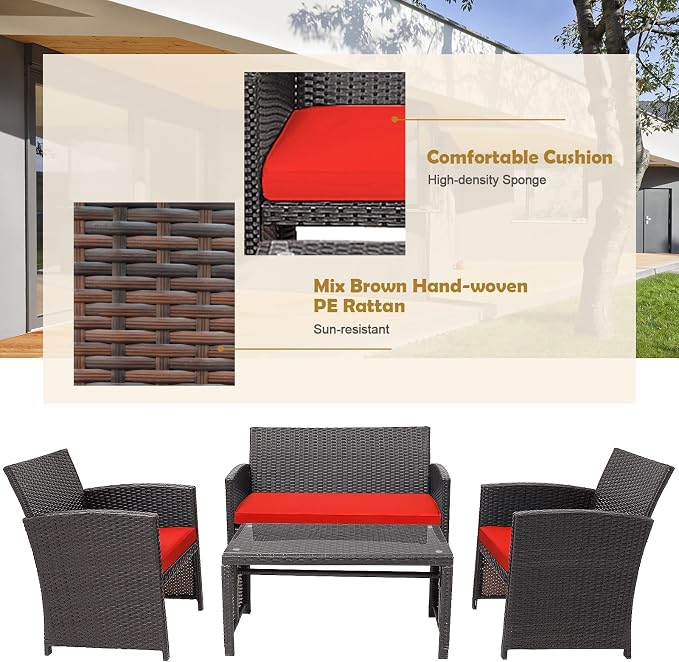 HAPPYGRILL Set of 4 Rattan Conversation Set Outdoor Wicker Furniture Set with Tempered Glass Coffee Table, Soft Cushions, Weather-Resistant Rattan Chair Set for Garden Backyard Poolside