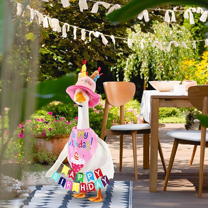 Abbylike 4 Pcs Happy Birthday Porch Goose Outfit for 23" Statues Poseable Porch Goose Wings Birthday Cake Hat for Lawn Patio Outdoor Geese Statue Decoration Accessories (Pink,Bib Style)