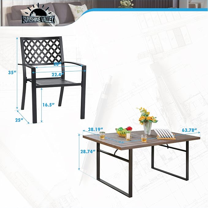 SUNSHINE VALLEY Patio Dining Set,Wood-Like Metal Table w/Umbrella Hole | 60x36 Metal Table&6 Pcs Rust-Proof Stackable Chairs, Outdoor Table and Chairs Set for Backyard Garden Deck