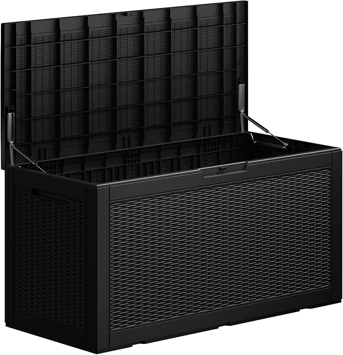 TARKARI 100 Gallon Outdoor Storage Box Waterproof, Resin Deck Boxes with Lockable Lid & UV-Resistant for Patio, Pool, Garden Furniture Cushions & Accessories, Black