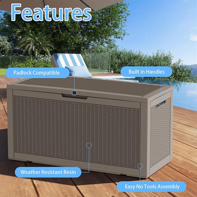 AmaVins Storage Box, 100 Gallon Rattan Pattern Deck Box with Anti-Pinch Hydraulic Rod, Indoor Use, Waterproof Resin, Package/Patio Cushions/Gardening Tools, Lockable, UV Resistant, Light Coffee