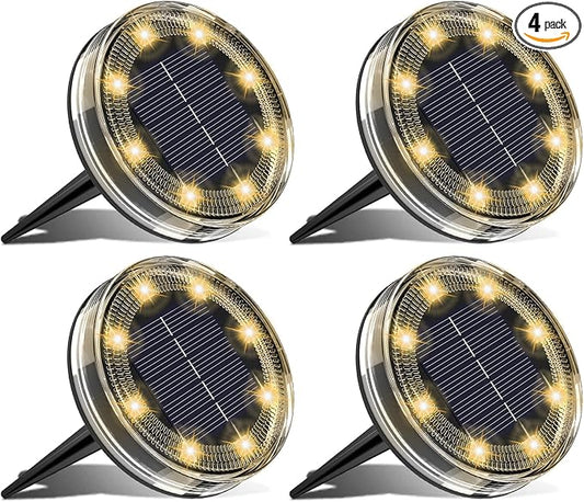 LOTMOS 4 Pack Solar Ground Lights Outdoor, 8 LED Solar Flat Lights IP68 Waterproof Disc Light, Landscape Lighting Solar Powered for Garden Yard Path Driveway Lawn Patio Walkway, Warm White