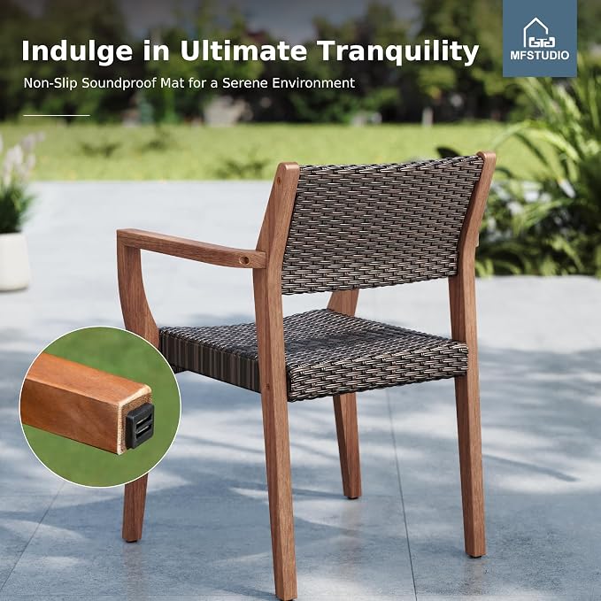 MFSTUDIO Teak Outdoor Dining Set for 6, Outdoor Wood Table and Chairs, Patio Expandable Dining Table with Rattan Chairs, 7 Pieces Wood Outdoor Patio Dining Furniture Set