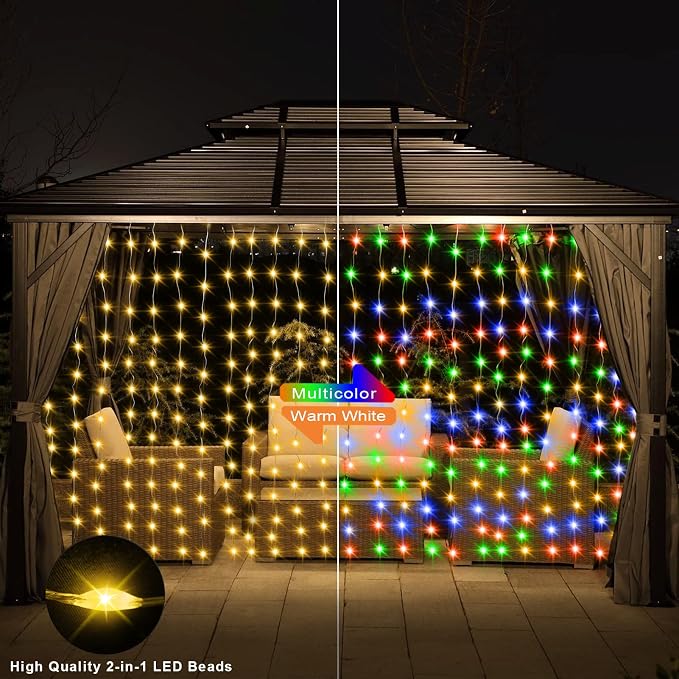 echosari 20Ft x 10Ft Large Curtain Lights Plug in Warm White & Multicolor | 600 LED Dual Color Changing Outdoor Curtain Lights Waterproof Connectable with Remote for Wedding Backdrop Yard Decor