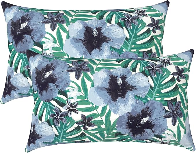 LVTXIII Outdoor Lumbar Pillow Covers, Patio Decorative Lumbar Pillow Cases ONLY, Fluffy Fade-Resistant Lumbar Cushion Cases for Home Balcony and Garden, 12x20 Inch, Pack of 2, Blue Salmone Tropical