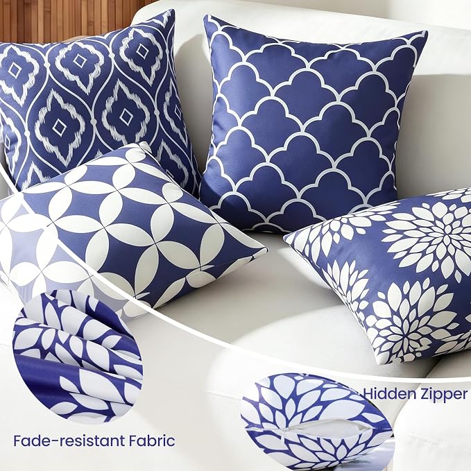Blue Outdoor Floral Pillow Covers Waterproof 18x18 Set of 2, Outdoor Decorative Throw Pillows Waterproof For Patio Furniture Porch, Navy Blue and White Summer Patio Chair Cushion Covers 18 x 18