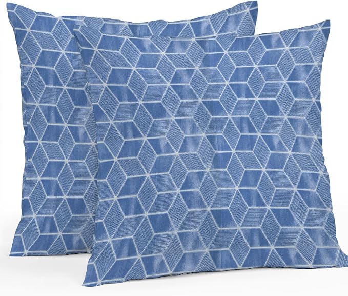 Blue Honeycomb Tiling Waterproof Outdoor Pillow Covers Set of 2 Home Decor, Wooden Grain Blocks Pillowcase Patio Pillow Covers for Couch Bench Patio Furniture Garden 16x16in