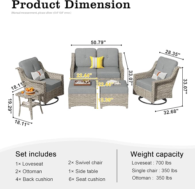 HOOOWOOO 6 Piece Patio Furniture Conversation Sets with Swivel Rocking Chairs,Outdoor Wicker Furniture with Ottoman,All Weather Resistant High Back Rattan Conversational Set(Dark Grey Gray)