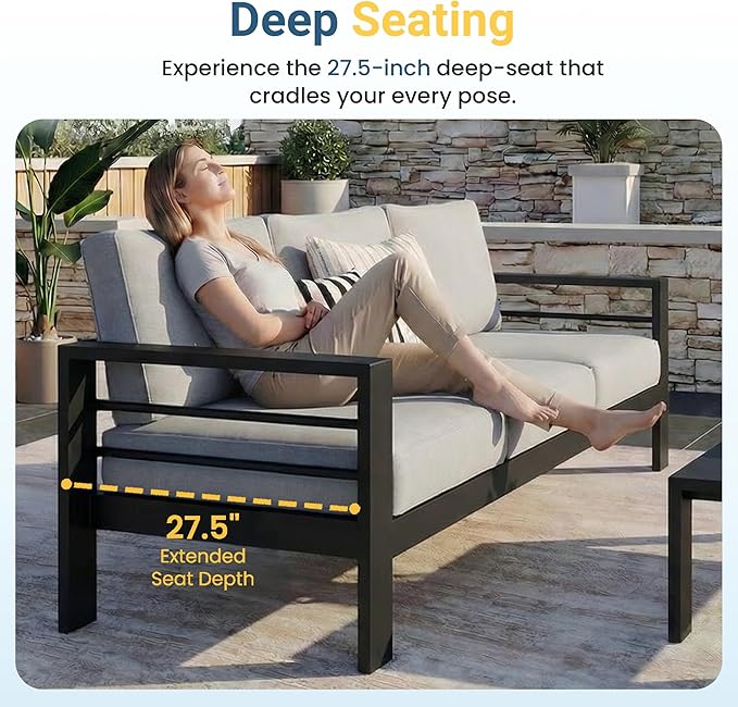 Wisteria Lane 5 Pieces Aluminum Patio Furniture Set with Umbrella, All Weather Oversized Outdoor Furniture Set with Deep Seat and Back Cushion, Patio Conversation Sets Wide armrest, Light Gray & Gray