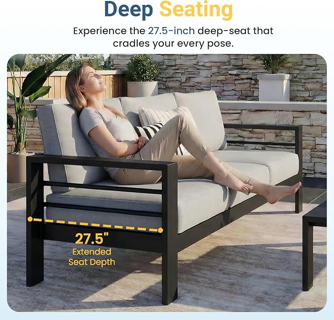 Wisteria Lane 5 Pieces Aluminum Patio Furniture Set with Umbrella, All Weather Oversized Outdoor Furniture Set with Deep Seat and Back Cushion, Patio Conversation Sets Wide armrest, Light Gray & Kahki