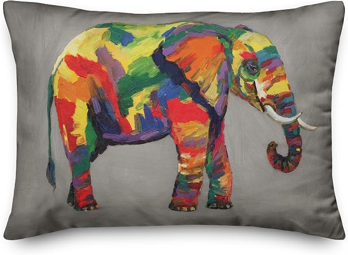 Bright Elephant on Gray Indoor/Outdoor Pillow | Decorative Pillows for Living Room Couch Bed Sofa Patio, Fluffy Soft Cushion | Water Resistant Multi, 14x20