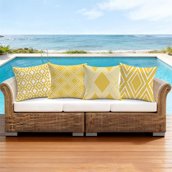 NIGHTWISH Outdoor Waterproof Pillow Covers 16x16 Set of 4 Yellow and White Modern Geometry Decorative Outdoor Throw Pillows Boho Cushion Cases for Patio Furniture Bench Couch Sunbrella