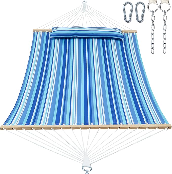 GAFETE Hammock 2 Person Quilted Fabric Hammocks for Outside, Double 12ft Hammocks with Spreader Bar, Large Removable Pillow, Storage Bag, Carabiners, Max 475 lbs Capacity (Ocean Blue)
