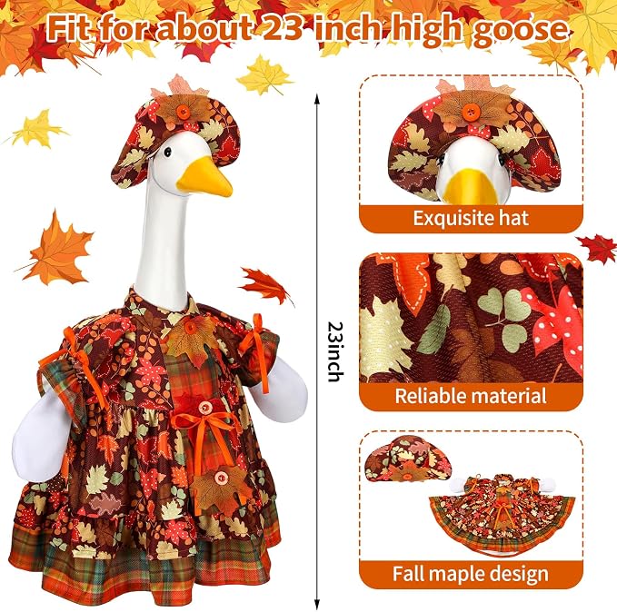 Suzile Fall Maple Porch Goose Outfit Autumn Goose Clothes for 23 Inch Cement or Plastic Geese Costume for Yard Lawn Outdoor Garden Patio Concrete Duck Statue Dress Thanksgiving Party Holiday Decor