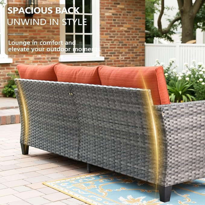 CAODOC 8-Piece Outdoor Wicker Patio Set with 9 Seats, Including 53" Fire Pit - Sectional Sofa and Conversation Set for Backyard or Lawn, Gray Rattan with Waterproof Red Cushions
