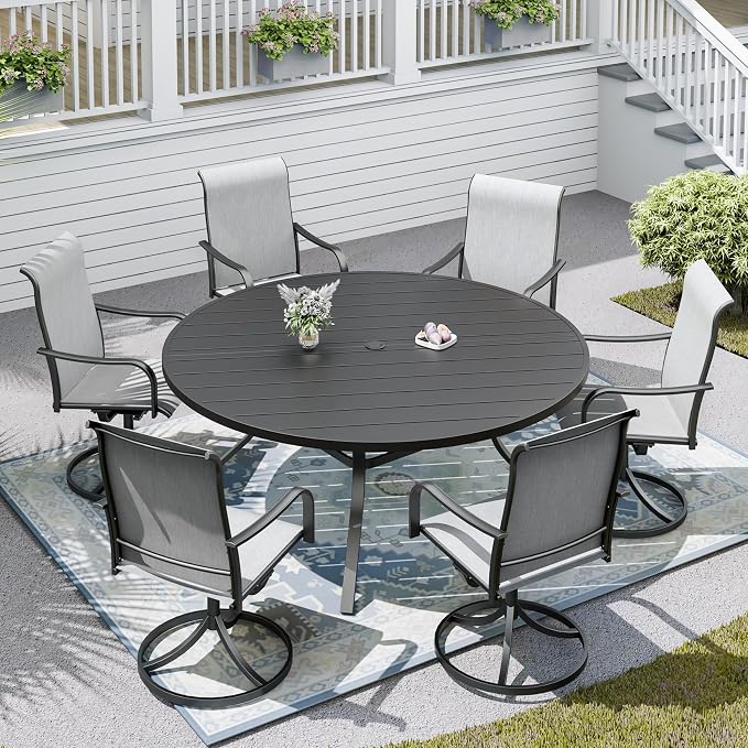 58" Patio Table and Chairs Set,6-Pieces Outdoor Swivel Dining Chairs,Black Round Metal Table with Umbrella Hole,Outside Furniture Set for Patio,Deck,Porch,Backyard