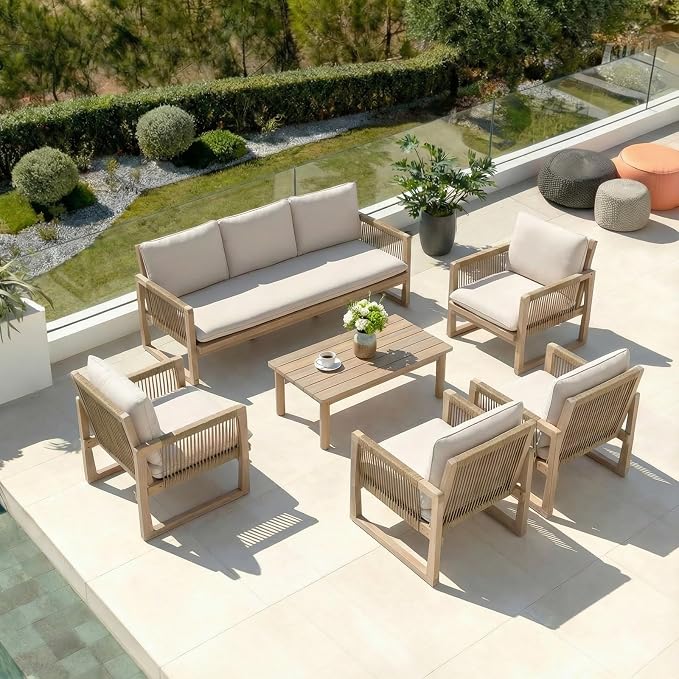 SUNSITT 6-Piece Acacia Wood Patio Furniture Set, Outdoor Conversation Sofa Set with 3-Seat Sofa, 4 Rope Woven Outdoor Club Chairs & Slatted Coffee Table, Cream White Cushions for Porch, Backyard, Deck