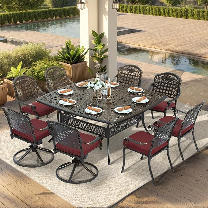 VIVIJASON 9-Piece Outdoor Dining Set, Cast Aluminum Patio Table & Chair Furniture Set for 8, Include Large 64" Square Dining Table, 2 Swivel Rocker Chairs, 6 Stationary Chairs, Umbrella Hole, Red