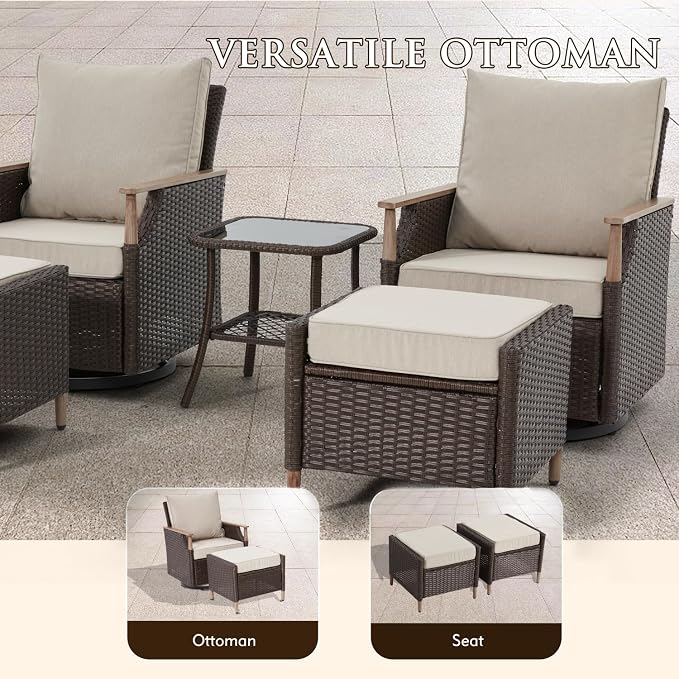 MELLCOM Patio Swivel Glider Rocker Chairs Set Wicker 5 Piece Patio Furniture Set Rocking Bistro Set with Tempered Glass Side Table and 2 Ottoman, for Backyard Garden Patio Porch (Beige, 5pcs)