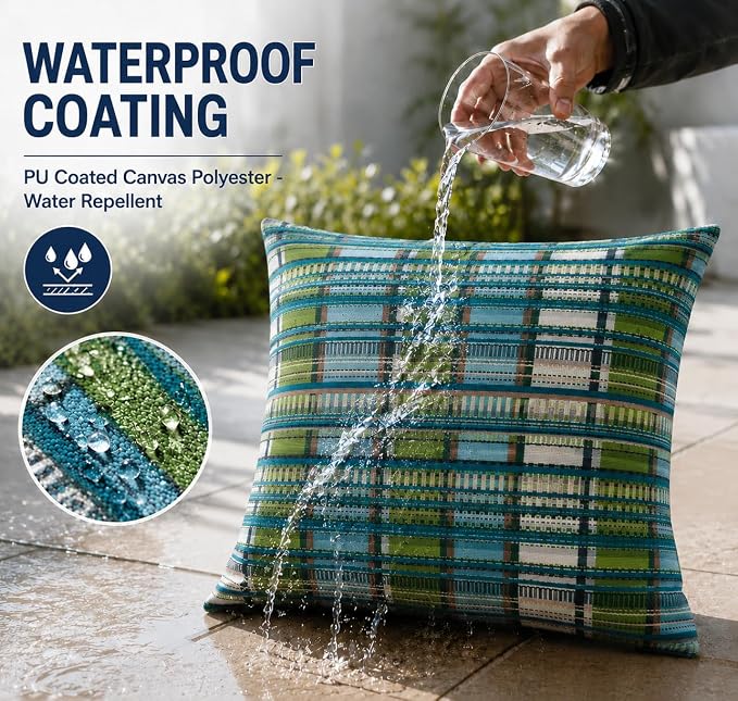 Indoor Outdoor Waterproof Throw Pillow Covers, Pack of 2 UV Fade Resistant Pillowcase Shell Cushion Sham for Garden Patio Tent Balcony Couch Sofa, 18 x 18 Inch (Bohemian Green)