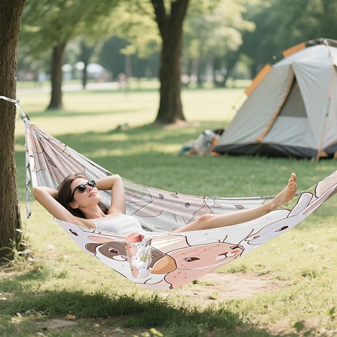 Pink Bunny Camping Hammock, Portable Lightweight Single Hammock with Tree Straps and Aluminum Carabiners, 114" x 54" Travel Hammock for Hiking Backpacking Beach