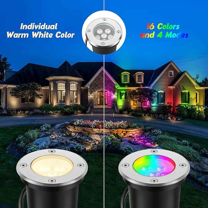 Junview Low Voltage Landscape Lights Christmas 10W RGBW Warm White LED Well Landscape Lighting Waterproof Outdoor 12V-24V Pathway Deck Ground Garden RGB Christmas Well Lights (12)