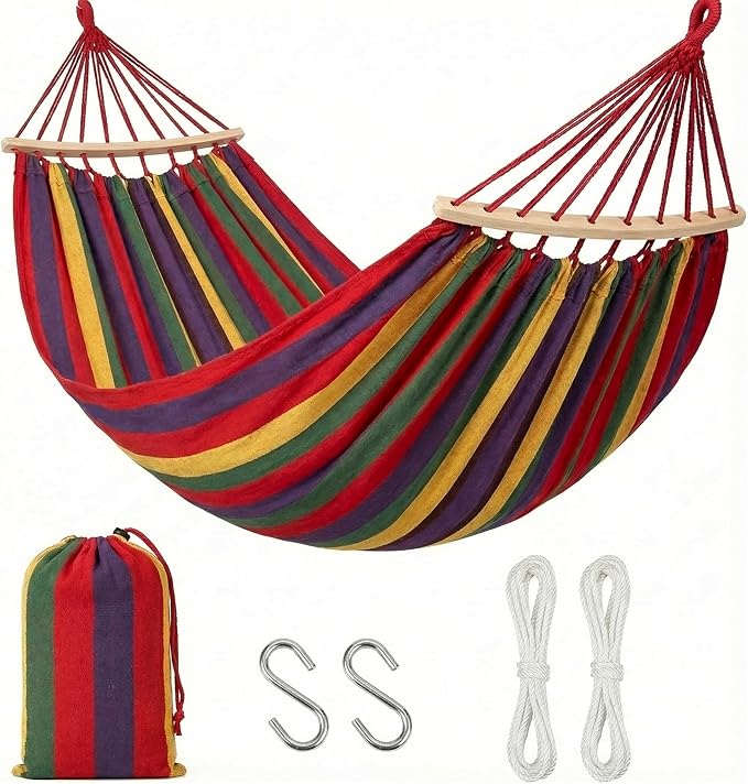 Gardenised Multicolor Striped Fabric Hammock with Wood Spreader Bars Portable Outdoor Hanging Design with Carry Bag S-Hooks and Ropes for Garden Backyard Patio Camping & Travel Use