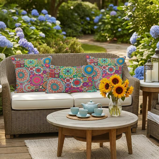Colorful Ethnic Outdoor Pillow Covers 20x20 Inch Throw Pillow Covers Set of 2 Waterproof Decorative Pillow Cases National Modern Geometric Red Green Cushion Covers for Patio Furniture Garden Couch