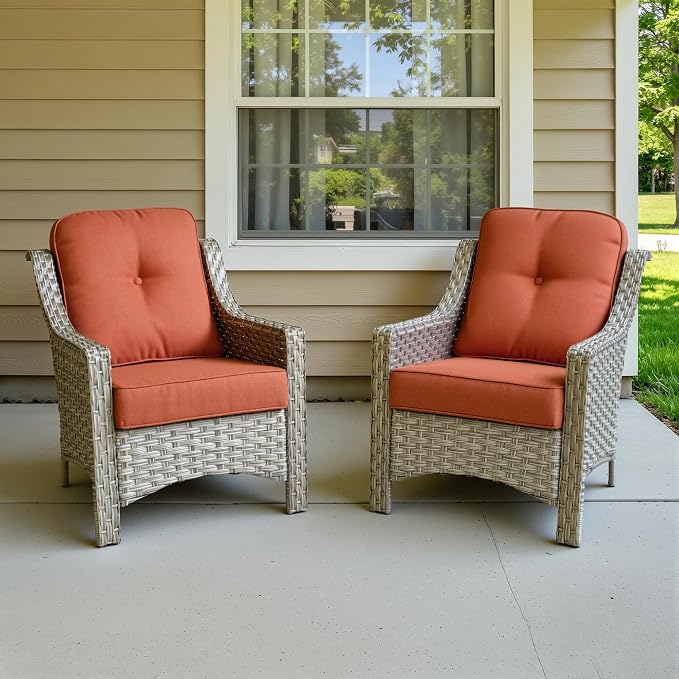 2 Piece Patio Furniture Set, Outdoor Wicker Chairs Set of 2 with Thick Cushion, Heavy Duty High Back Comfortable Chair for Small Balcony Porch Garden, Bold Orange