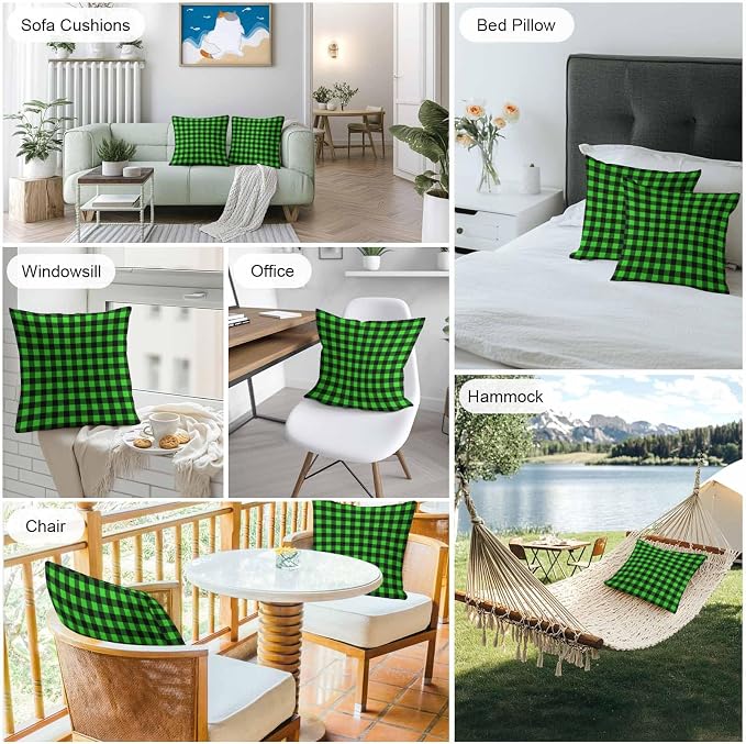 Outdoor Waterproof Throw Pillow Covers Set of 2 Green Buffalo Plaid Pillowcases 24x24 Inches Pastoral Black Checked Decorative Pillows Cushion Case Patio Pillows for Couch Bed Chair Garden