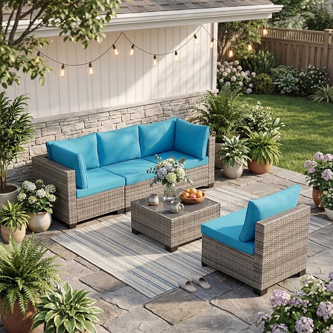 ANJ 5 Piece Outdoor Wicker Patio Furniture Set, Modular Loveseat Sofa with with Glass Top Coffee Table, All-Weather Rattan Conversation Couch Set for Balcony, Backyard, Light Grey Wicker-Turquoise