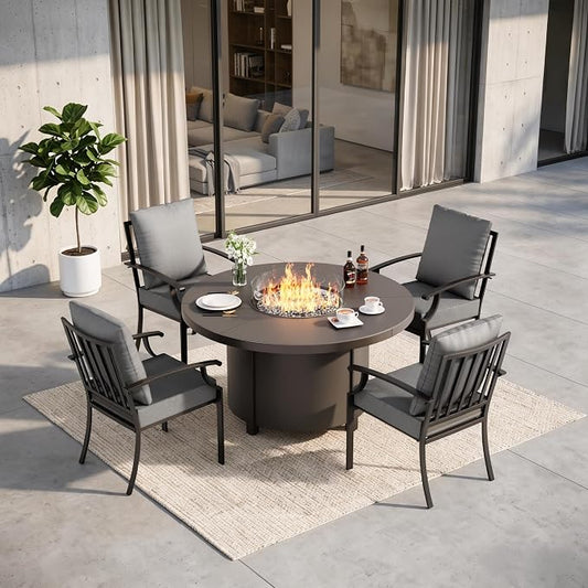 5 Pieces Outdoor Patio Furniture Set with 48" 55000 BTU Round Propane Fire Pit Table,Patio Dining Set Outdoor Conversation Sets 4 Chairs for Deck,Backyard and Garden,Grey
