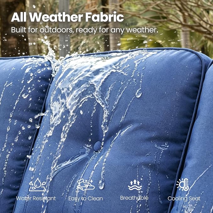 6 Piece Patio Furniture Set with Fire Pit Table, Outdoor Wicker High Back Sofa Chairs Ottoman with Comfy Cushions, Modern Conversation Sets for Backyard Deck Garden Poolside, Navy Blue