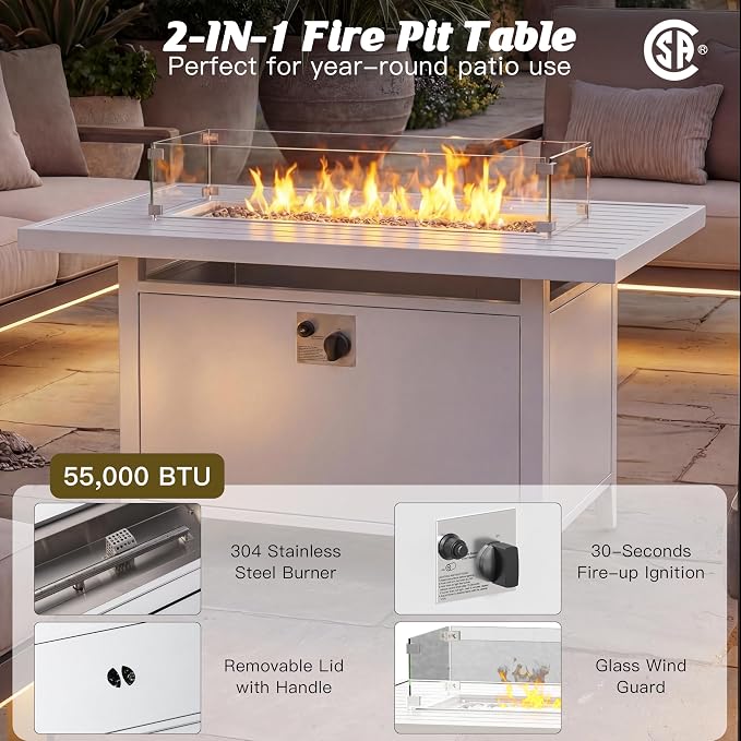 Aluminum Outdoor Patio Furniture Set with 43" Fire Pit Table, 7-Piece Outdoor Sectional with 5.2" Thick Cushions, Patio Conversation Sets for Backyard,(White,5 Seats)