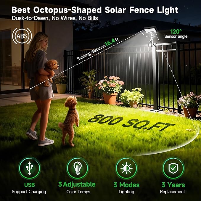 Solar Motion Lights - with Flexible Tripod 3-Color Mode lamp, 92 LEDs 600LM Lights with 2700K/5000K/7000K Adjustable Hightlight, Security Lights for Fence, Deck, Gutter (4-Pack