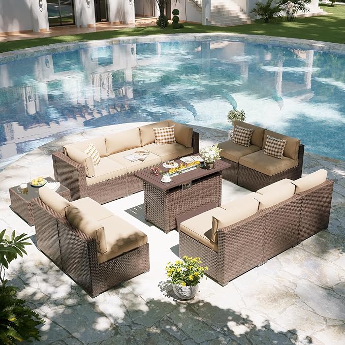 Aoxun Patio Furniture Set with Fire Pit Table, 12 Piece Outdoor Sectional Sofas, 10 Seats Wicker Outdoor Furniture with Thickened Cushion for Backyard, Garden (Brown Rattan Beige Cushions)