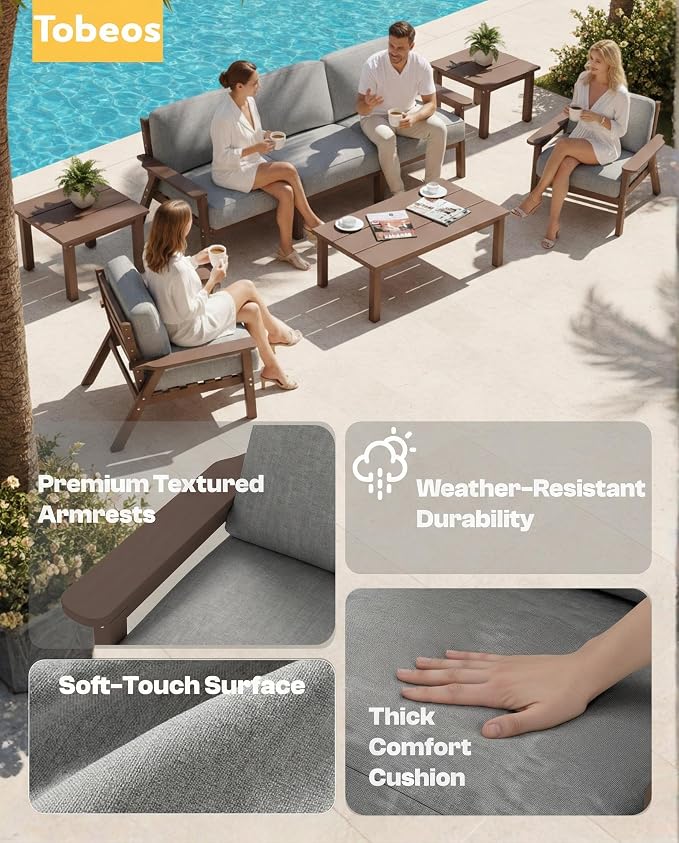 2 Piece HDPE Outdoor Furniture Set with Gray Cushions (Brown Frame) | All-Weather HDPE, Modular Design, Extra-Deep Seating, Thick Cushions, Ideal for Backyard, Deck & Porch