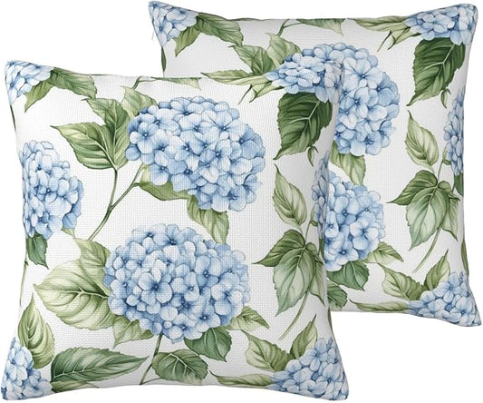 Blue Hydrangea Throw Pillow Covers 20x20 inch Set of 2, Outdoor Waterproof Floral Pillow Cases Flower Decorative Cushion Covers for Spring Patio Garden Decor