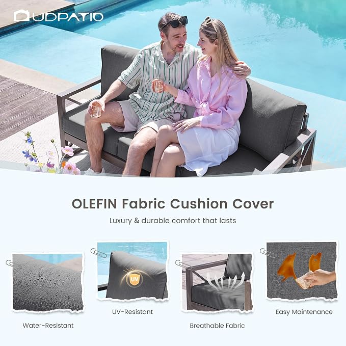 UDPATIO Aluminum Patio Furniture Set, Faux Wood Grain Modern Outdoor Furniture, 6" Cushions Metal Patio Conversation Sofa with Coffee Table for Poolside Deck, 5 PCS, Dark Grey(Include 600D Covers)