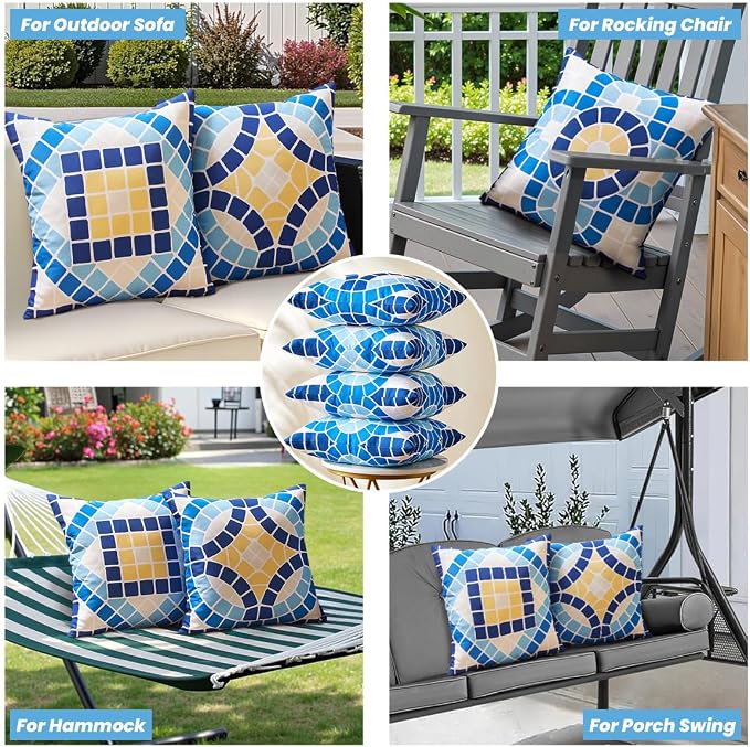 CARRIE HOME Blue Summer Outdoor Pillow Covers Waterproof 18x18 Set of 4, Summer Themed Party Decorations Swimming Pool Chair Pillow 18 x 18, Fade Resistant Waterproof Outdoor Pillows for Patio Porch