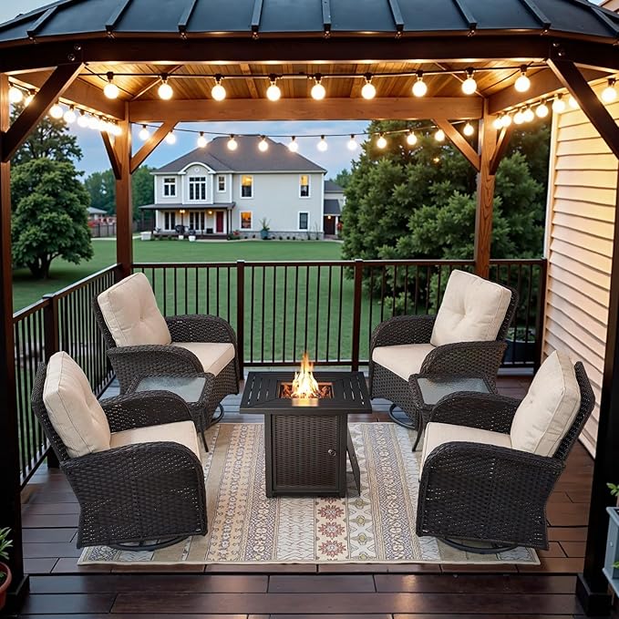Belord 7 Piece Wicker Patio Furniture Set with 30" Fire Pit Table - Outdoor Swivel Rocker Chairs Set of 4 with Glass Side Tables Set of 2, Patio Conversation Set for Casual Gathering Black/Beige