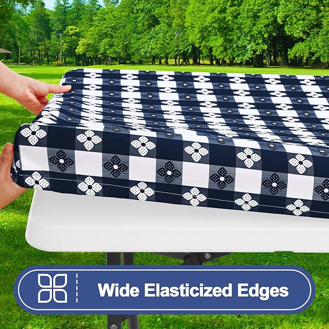 Smiry Picnic Table Cover with Bench Covers, Waterproof Elastic Fitted Tablecloth for 5 Foot Tables, Washable Polyester Tablecloths for Camping & Indoor (Dark Blue & White, 30x96 Inch 3-pc Set)