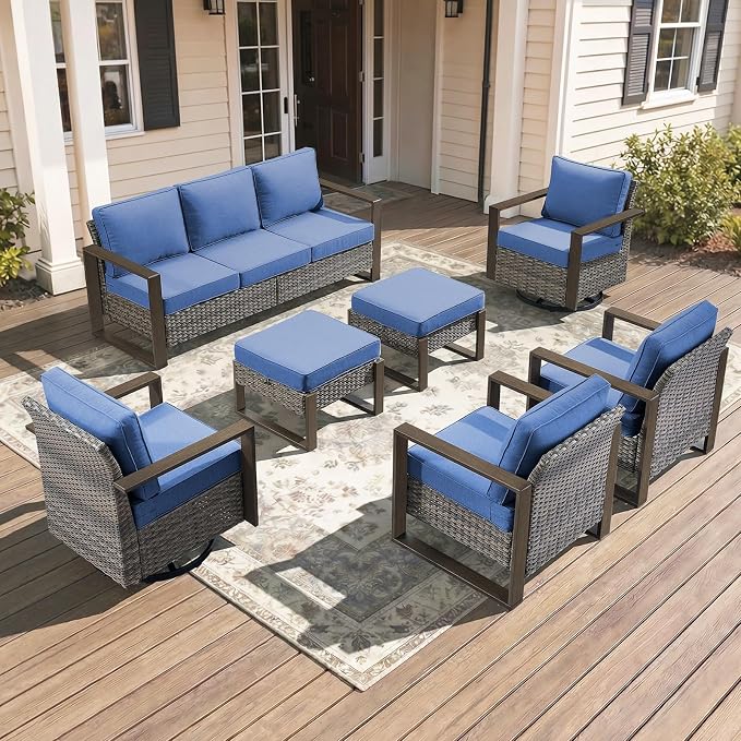 7-Piece Outdoor Patio Furniture Set with Swivel Chairs & Rattan Chairs, All-Weather Wicker Sofa Set for Garden, Yard, Porch and Poolside Seating, Grey/Blue