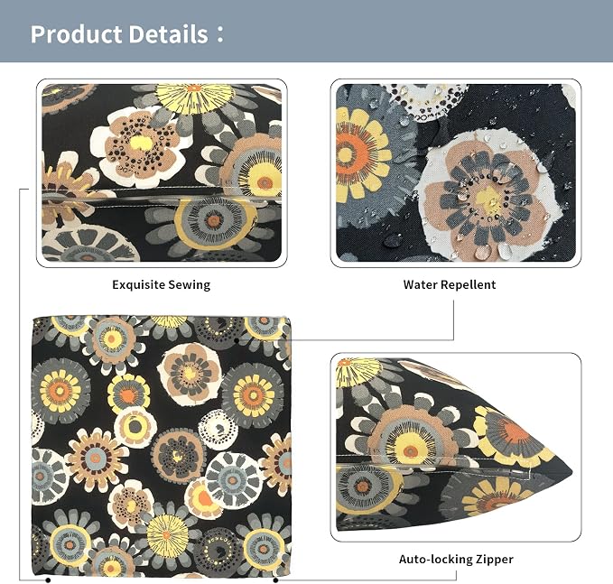 Outdoor Throw Pillow Covers 18”x18”, Decorative Pillow Covers for Patio Furniture, Modern Cushion Cases for Garden Couch Home Sofa Bed Office Chair, Pack of 2,Black Yellow Crosby