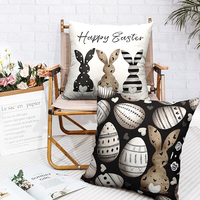 Happy Easter Pillow Covers Black White Easter Eggs Pillow Cases 22x22 Brown Love Heart Bunny Throw Pillow Covers Spring Rabbit Farmhouse Cushion Case for Home Living Room 2 Pack